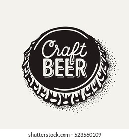 Craft beer bottle cap with brewing inscription in vintage style. Engraving illustration with lettering in hipster style isolated on grunge background. Element for poster in pubs and bars.