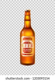 Craft beer in bottle with cap. Low alcohol drink made of hop and barley in glass container. Label on beverage realistic 3D vector on transparent backdrop