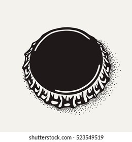 Craft beer bottle cap in vintage style. Engraving illustration in hipster style isolated on grunge background. Element for poster in pubs and bars.