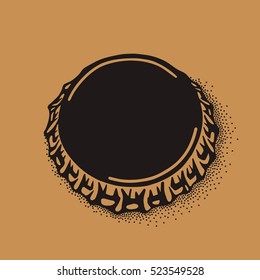 Craft beer bottle cap in vintage style. Engraving illustration in hipster style isolated on grunge background. Element for poster in pubs and bars.