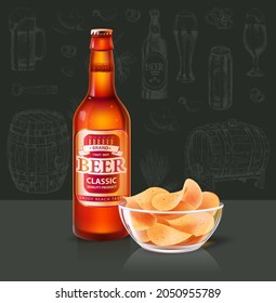 Craft beer in bottle and chips in glass bowl. Alcohol drink of hop, barley or yeast, potato fast food crispy snack realistic 3D vector illustration.