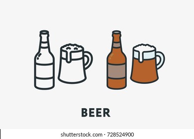 Craft Beer Bottle and Glass Mug Foam Alcohol Minimal Flat Line Outline Colorful and Stroke Icon Pictogram