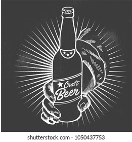 
Craft beer. Bottle held by a hand. Hand-made drawing for menus, blackboards, posters and decoration of bars, clubs, pubs and restaurants.