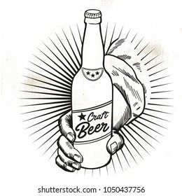 
Craft beer. Bottle held by a hand. Hand-made drawing for menus, blackboards, posters and decoration of bars, clubs, pubs and restaurants.