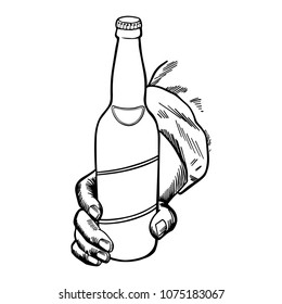 Craft beer. Bottle held by a hand. Hand-made drawing for menus, blackboards, posters and decoration of bars, clubs, pubs and restaurants.