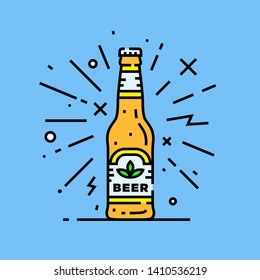 Craft beer bottle icon. Cold lager beverage celebration graphic isolated on blue background. Vector illustration.