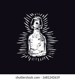 Craft beer bottle illustration in linocut style. White print on black background