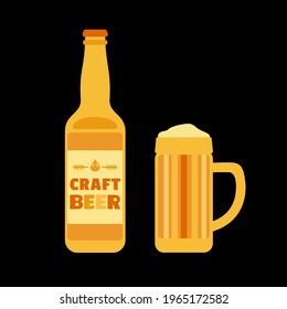 Craft Beer Bottle and Mug isolated vector icon. Beer glass with foam cute cartoon design element. Brewery alcoholic drink sign flat color minimalist illustration. Froth beverage beer mug background