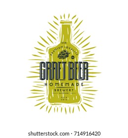 Craft beer bottle and typographic emblem. Illustration in linocut style