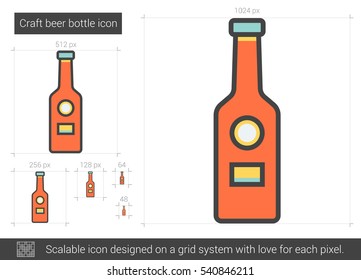 Icono de la línea vectorial de botella de cerveza de la marca aislado en fondo blanco. Icono de la línea de botellas de cerveza para infografía, sitio web o aplicación. Icono escalable diseñado en un sistema de cuadrícula.