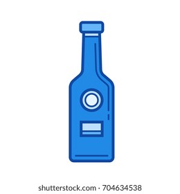 Icono de la línea vectorial de botella de cerveza de la marca aislado en fondo blanco. Icono de la línea de botellas de cerveza para infografía, sitio web o aplicación. Icono azul diseñado en un sistema de cuadrícula.