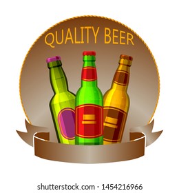 Craft beer bottles drink vector logo sign or badge for bar, pub, brewhouse or brewery. Premium quality beer logotype label. Brewing fest three bottles of ale badge design.