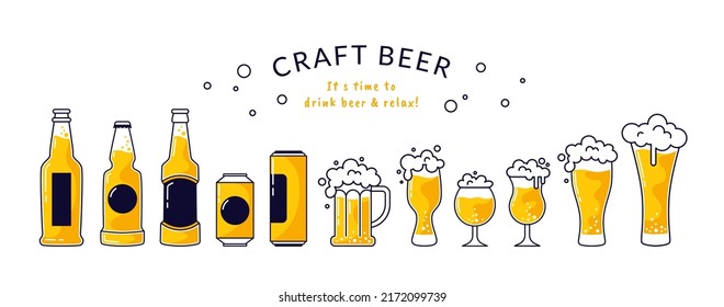 Craft beer bottles. Glass pub can with foam for festival alcohol bar brewery. Minimal mug in box. Summer beverage. Ale pint. Lager cups shapes. Froth drink. Vintage vector poster design