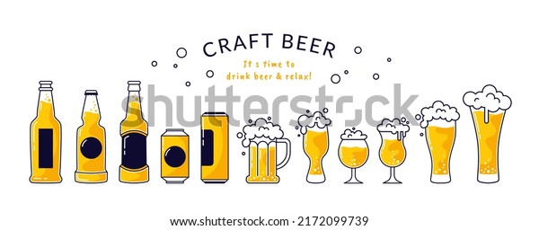 Craft\
beer bottles. Glass pub can with foam for festival alcohol bar\
brewery. Minimal mug in box. Summer beverage. Ale pint. Lager cups\
shapes. Froth drink. Vintage vector poster\
design