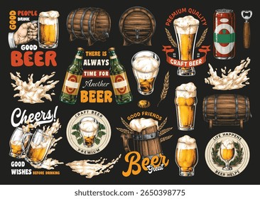 Garrafas de cerveja artesanal e copos cheios de cerveja espumosa são exibidos. Amigos se reúnem para comemorar os bons momentos e desfrutar de suas cervejas favoritas. A atmosfera é alegre e convidativa.