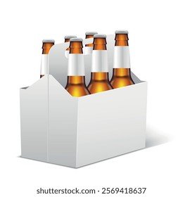 Craft beer bottles are securely packed in a simple white box, isolated against a white background. Ideal for retail display or delivery, showcasing a tidy arrangement