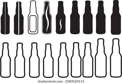 Craft beer bottles silhouettes. Set of various craft beer bottles. Different shapes and sizes.
