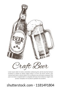 Craft Beer brew bottle and glass with white foam clang promo poster. Monochrome sketch vector illustration with text sample on white background.