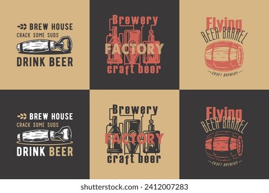 Craft beer brewery, brewing factory and barrel emblems set