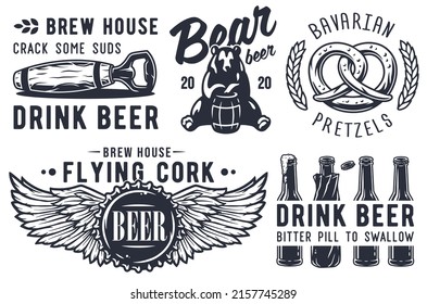 Craft beer brewery emblem set with cork and barrel, bavarian pretzel and bear with bottle of beer