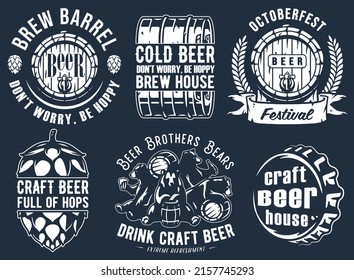Craft beer brewery emblem set with bears and hop seed, barrel with barley, metal cork