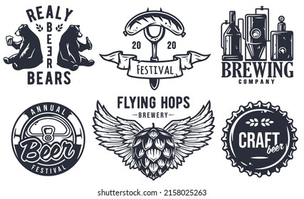 Craft beer brewery emblem set with hops seed and bears, can and barrel