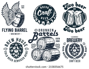 Craft beer brewery emblem set with cork and barrel, hop seed and mug of beer
