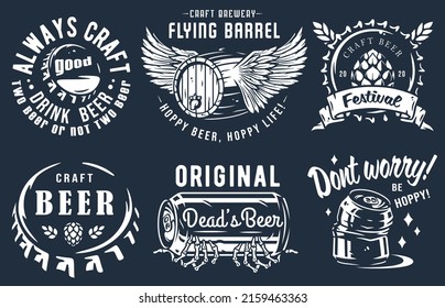 Craft beer brewery emblem set with cork and barrel, barley and bear with bottle of beer