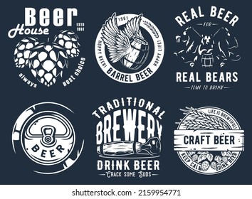 Craft beer brewery emblem set with hops seed and bears, can and barrel