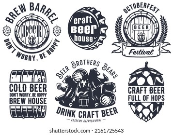 Craft beer brewery emblem set with bears and hop seed, barrel with barley, metal cork