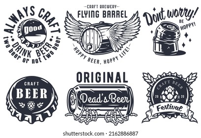 Craft beer brewery emblem set with cork and barrel, can with skeleton