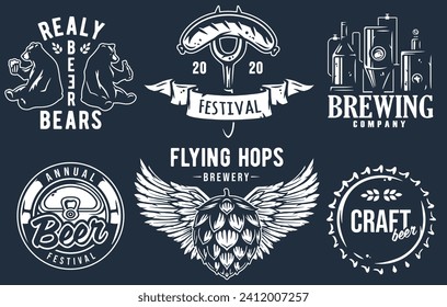 Craft beer brewery emblem set with hops seed and bears, can and barrel