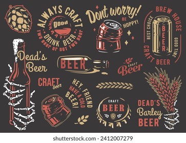 Craft beer brewery emblem set with beer bottle metal cork and can with skeleton, barrel with barley