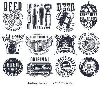 Craft beer brewery emblem set with cork and barrel, can with skeleton