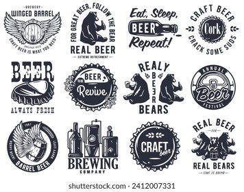 Craft beer brewery emblem set with hops seed, bavarian hat and bear with mug of beer