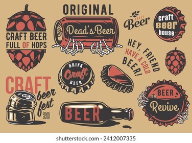 Craft beer brewery emblem set with beer bottle metal cork and can with skeleton