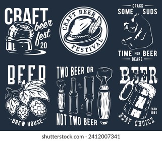 Craft beer brewery emblem set with hops seed, bavarian hat and bear with mug of beer