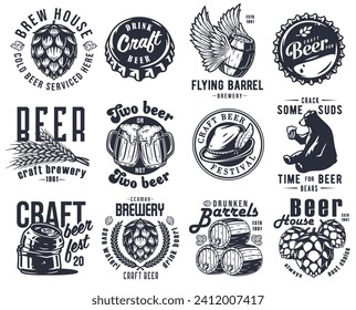 Craft beer brewery emblem set with bears and hop seed, barrel with barley, metal cork