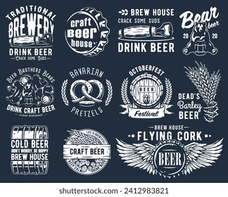 Craft beer brewery emblem set with hops seed and bears, can and barrel