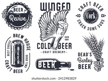 Craft beer brewery emblem set with cork and barrel, barley and bear with bottle of beer