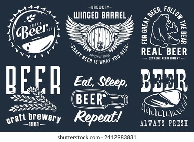 Craft beer brewery emblem set with cork and barrel, barley and bear with bottle of beer