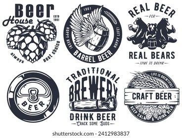 Craft beer brewery emblem set with hops seed and bears, can and barrel