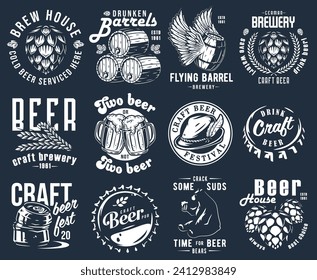 Craft beer brewery emblem set with bears and hop seed, barrel with barley, metal cork
