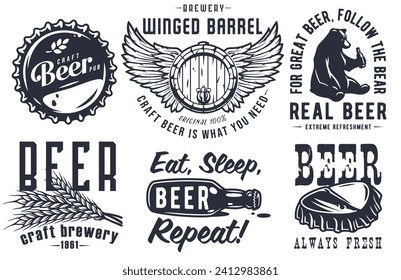 Craft beer brewery emblem set with cork and barrel, barley and bear with bottle of beer