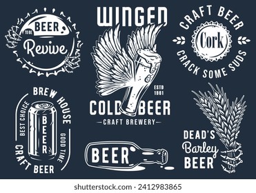 Craft beer brewery emblem set with cork and barrel, barley and bear with bottle of beer