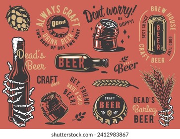 Craft beer brewery emblem set with beer bottle metal cork and can with skeleton, barrel with barley