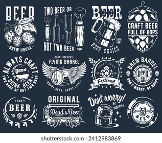 Craft beer brewery emblem set with cork and barrel, can with skeleton