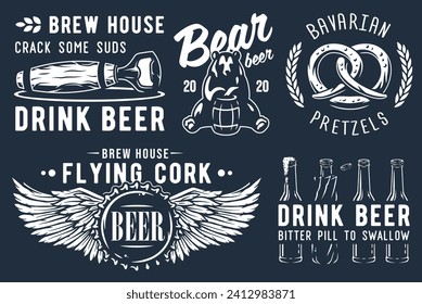 Craft beer brewery emblem set with cork and barrel, bavarian pretzel and bear with bottle of beer