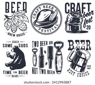 Craft beer brewery emblem set with hops seed, bavarian hat and bear with mug of beer