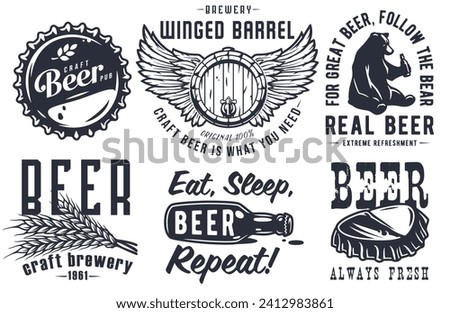 Craft beer brewery emblem set with cork and barrel, barley and bear with bottle of beer